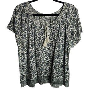 Lucky Brand Size Xl Floral Cream Blue Blouse Top Embroidered Boho Linen Tassel